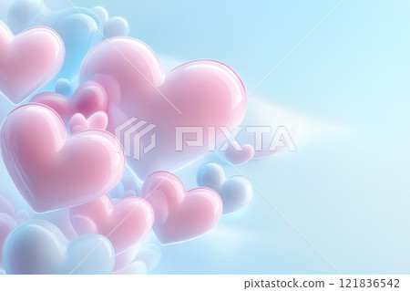 Valentine's Day background. Glossy Pink Heart Balloons Floating in Bright Blue Sky. Playful and Cheerful Backdrop for Love, Celebration, and Festive Themes. Free Space. AI generated 121836542