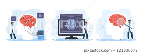 Neurologist concept. Man in medical uniform diagnoses and monitors treatment of brain diseases. Neurology check up. Set of Vector illustrations in flat cartoon style 121836572