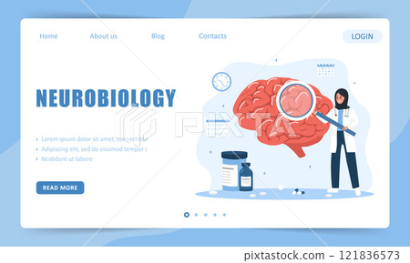 Neurobiology concept. Landing page template. Arab Woman in medical uniform with magnifying glass analyzes human brain. Research scientist. Vector illustration in flat cartoon style 121836573