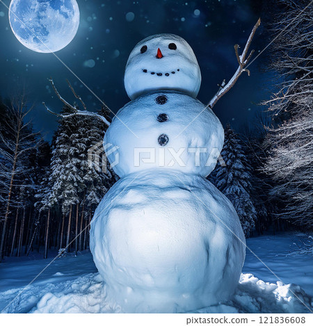 Blue full moon and snowman in the snowy forest 5 121836608