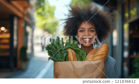 A woman carrying a brown paper grocery bag with of french bread and leafy greens, Created with Generative AI. 121836612