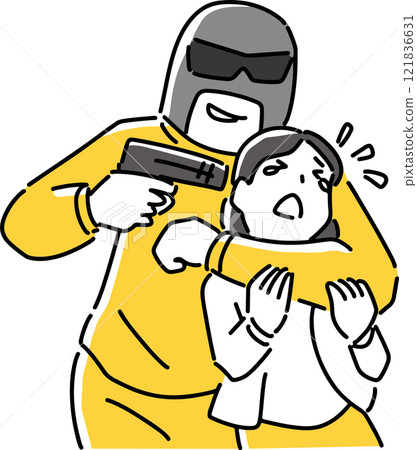 犯罪者用槍指著一名婦女 121836631