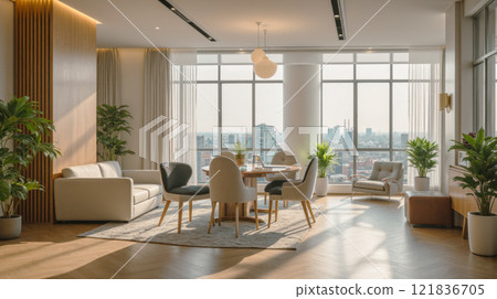 Cozy dining area with city view, soft natural light, wooden accents, green plants, modern furniture, neutral colors, elegant and stylish space Cozy dining area with city view, soft natural light, wooden accents, green plants, modern furniture, neutral colors, elegant and stylish space 121836705