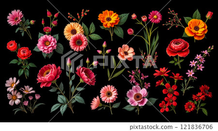 Collection of colorful flowers including pink yellow red blooms with buds leaves natural botanical design decoration artistic floral arrangement Collection of colorful flowers including pink yellow red blooms with buds leaves natural botanical design decoration artistic floral arrangement 121836706
