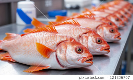 Fresh red fish arranged in a line on a shiny surface for food industry and culinary needs. 121836707
