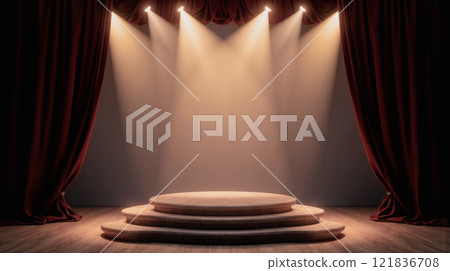Wooden stage steps with curtains and lighting setup for product display professional promotional platform with focus light 121836708