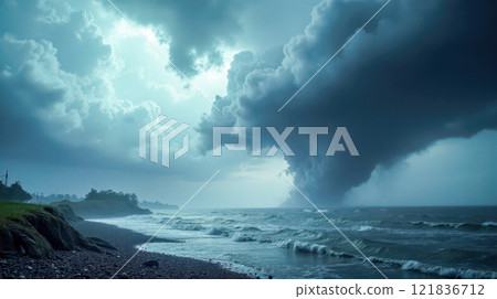 Dramatic storm with powerful tornado over ocean, swirling dark clouds, strong waves hitting rocky shore, intense weather event, nature's force, extreme conditions, awe-inspiring view, coastal tempest 121836712