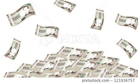 地上成堆的鈔票,天上舞動的鈔票的插圖,是快速致富的形象。 地上成堆的鈔票,天上舞動的鈔票的插圖,是快速致富的形象。 121836757