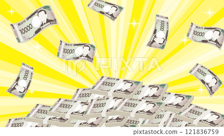 地上成堆的鈔票，天上舞動的鈔票的插圖，是快速致富的形象。 121836759
