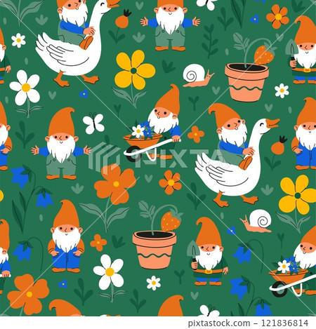 Seamless pattern with cute garden gnomes and flowers. Vector graphics 121836814