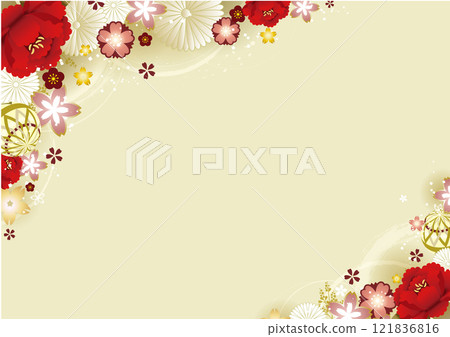 Beautiful Japanese style frame of red camellia flowers 121836816