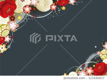 Beautiful Japanese style frame of red camellia flowers 121836817