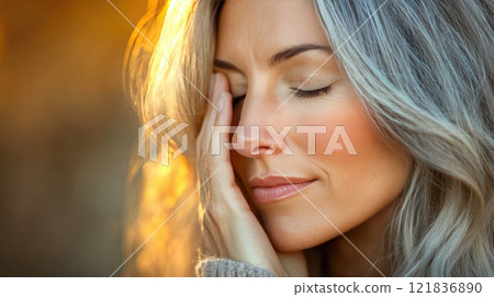 A potrait of beautiful well-groomed middle aged woman touching her face 121836890