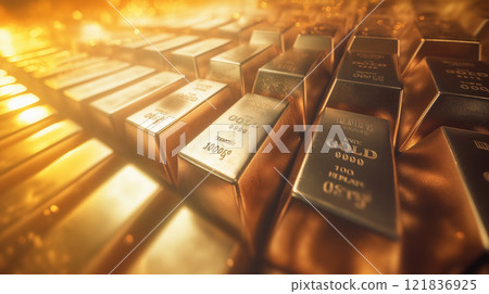 A close-up of numerous gold bars stacked together, The polished surface of the bars reflects light, Created with Generative AI. 121836925