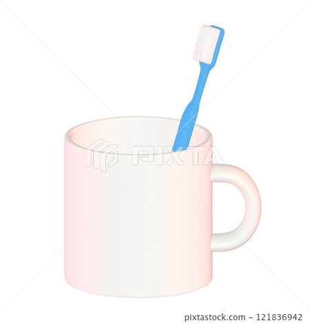 3D illustration of a white mug with a toothbrush inside (top view) 121836942