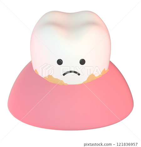 3D illustration of a tooth character with plaque and a worried face 121836957