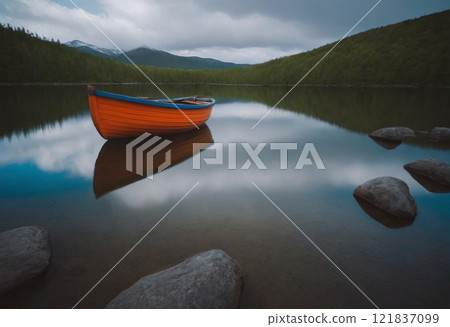 boat on lake mountain landscape boat on lake mountain landscape 121837099