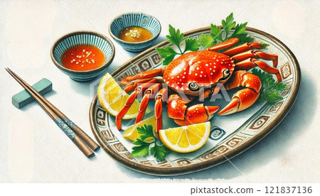 豪華海鮮菜配紅煮蟹、檸檬和醬汁 121837136