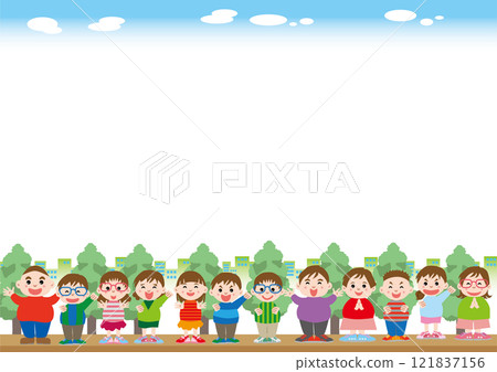 背景素材<城市兒童的框架，有趣，快樂，小學生，水平位置> 121837156