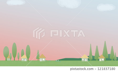 Sunset, house and grassland Sunset, house and grassland 121837180
