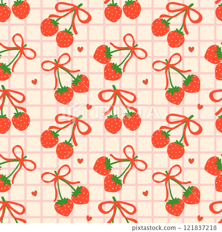 Retro Coquette Strawberry Bow Playful Seamless Pattern isolated on background 121837218