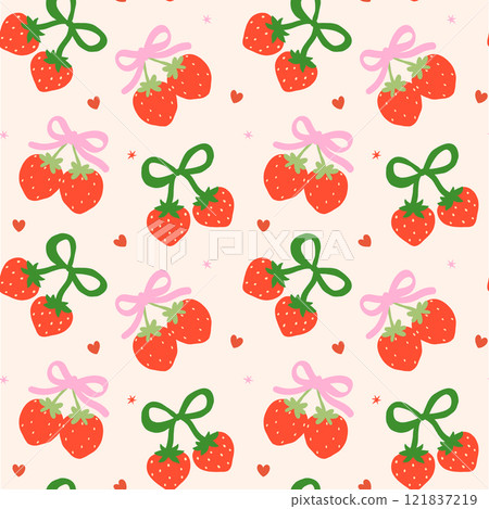 Retro Coquette Strawberry Bow Seamless Pattern isolated on background 121837219