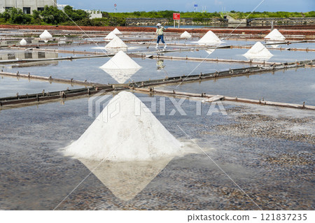 View of the Jingzaijiao Tile-Paved Salt Fields in Tainan, Taiwan, one of the Southwest Coast National Scenic Area attractions. 121837235