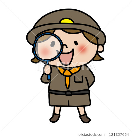 一個裝扮成探險家並用放大鏡觀察的孩子（女孩） 121837664