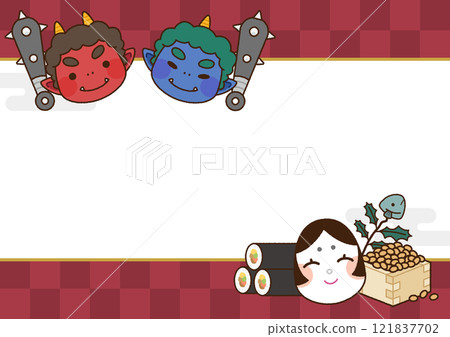 Cute Setsubun message frame with demons and okama 121837702