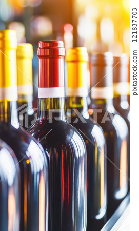 Wine bottles standing in a row in the supermarket, creating an elegant and inviting display 121837703