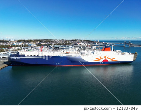 Ibaraki, Oarai, Sanfuraha Kamui anchored at Oarai Port (photographed by drone) 121837849