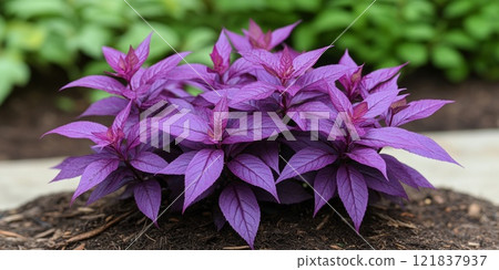 Dark purple leaves and smaller tubers of Ornamental Sweet Potatoes with triangular 121837937