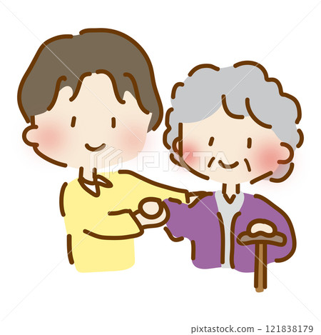 A cute and relaxed male caregiver providing walking assistance 1 121838179