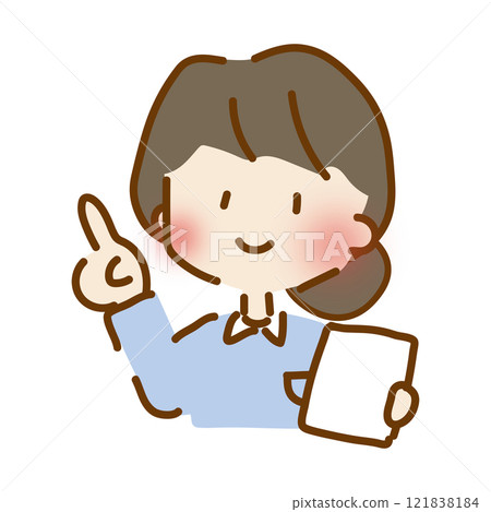 A cute and relaxed female caregiver holding a document and pointing 121838184