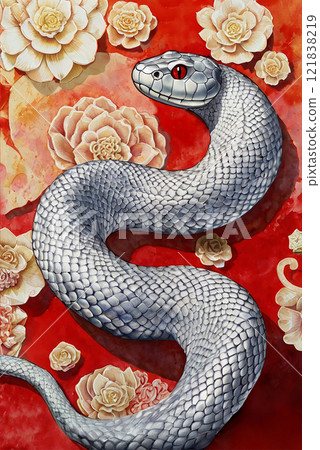 時尚白蛇蛇蛇花紅色水彩好運插畫藝術 121838219