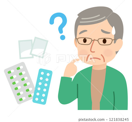 Elderly people with dementia have difficulty managing their medications and look troubled 121838245