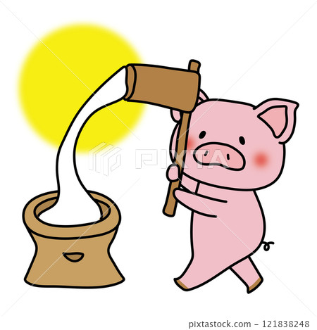 Pig and moon pounding rice cakes at the moon viewing party 121838248