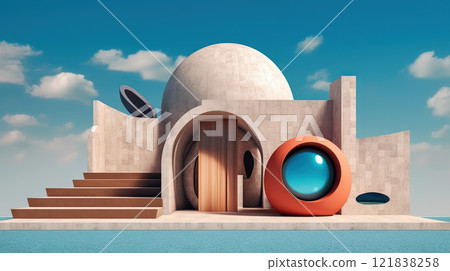 Abstract architecture surreal building. Dream scene with epic architectural abstraction under the blue sky. Generated AI. 121838258