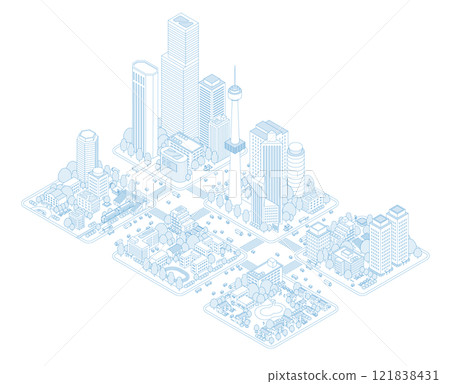 Isometric city and residential area illustration. Train station and street with skyscrapers and cars and buses passing by on the road. 121838431