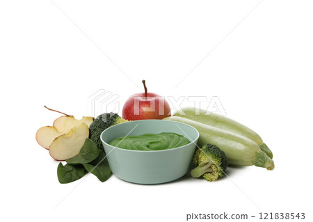 PNG, a plate of baby puree, isolated on a white background. 121838543