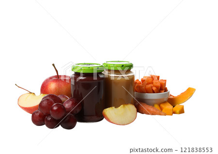 PNG, glass jar with baby food, isolated on white background. PNG, glass jar with baby food, isolated on white background. 121838553