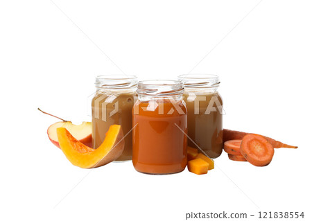PNG, glass jar with baby food, isolated on white background. PNG, glass jar with baby food, isolated on white background. 121838554