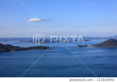 View of Naoshima between Megijima and Ogijima in Bisan Seto from Yashima in the Seto Inland Sea 121838648