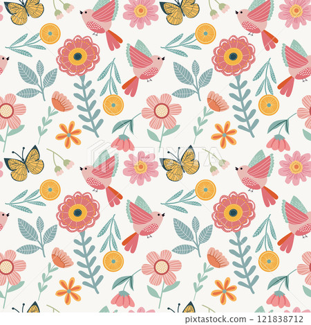 Cute spring birds and flowers seamless vector pattern Cute spring birds and flowers seamless vector pattern 121838712