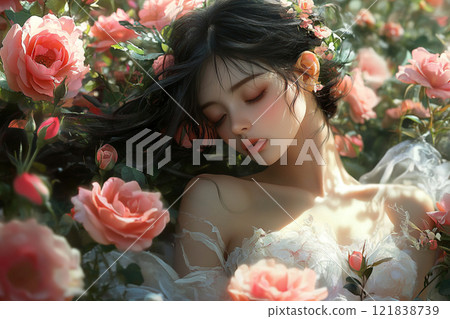 睡在玫瑰叢中的美麗女人 121838739