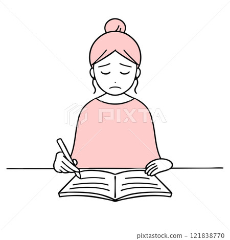 A woman with a troubled expression writing in a notebook 121838770