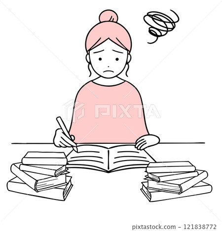 A woman writing notes surrounded by piles of reference books with a troubled expression A woman writing notes surrounded by piles of reference books with a troubled expression 121838772