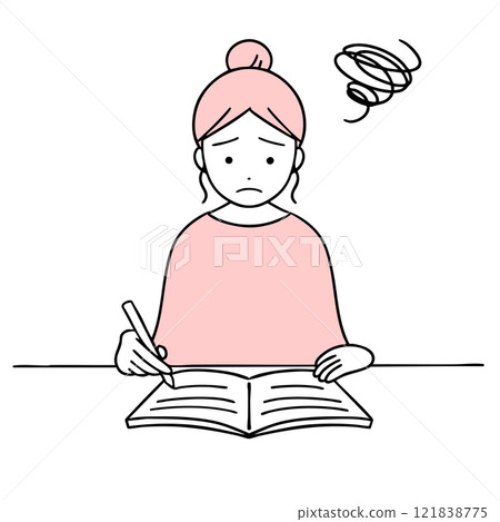 一位女士在筆記本上寫字,表情困惑而困擾 一位女士在筆記本上寫字,表情困惑而困擾 121838775