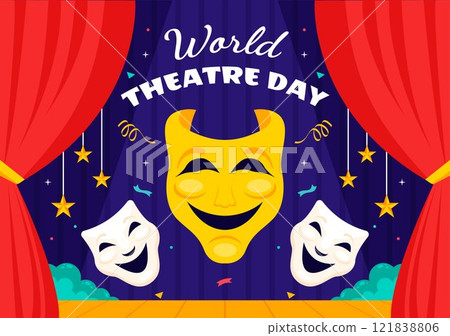 World Theatre Day Vector Illustration featuring Comedy and Tragedy Masks, Red Curtains, and Elements Celebrating Performing Arts and Entertainment 121838806