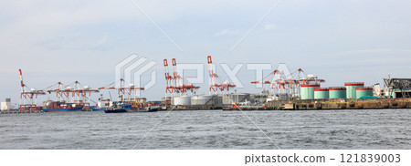 Container port at Osaka Japan, container crane at Industrial port for cargo container ship. Cargo transportation and activity at modern shipping container terminal. 121839003